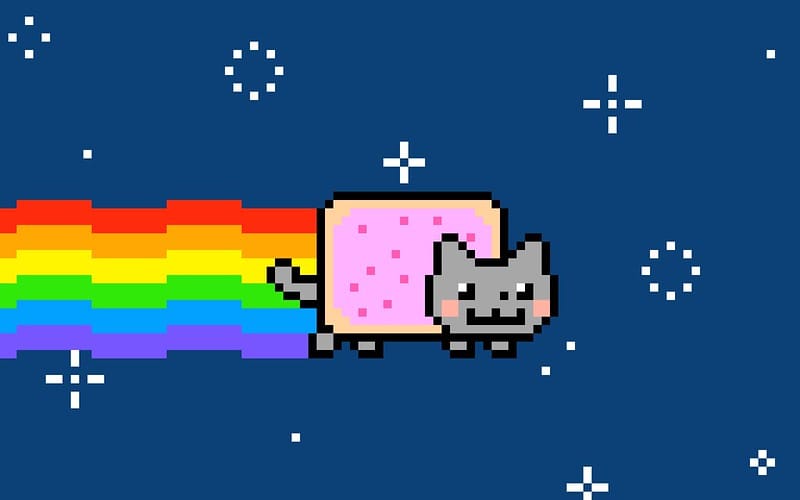 A picture of Nyan Cat, a famous Internet meme, a cartoon cat with a rainbow behind them